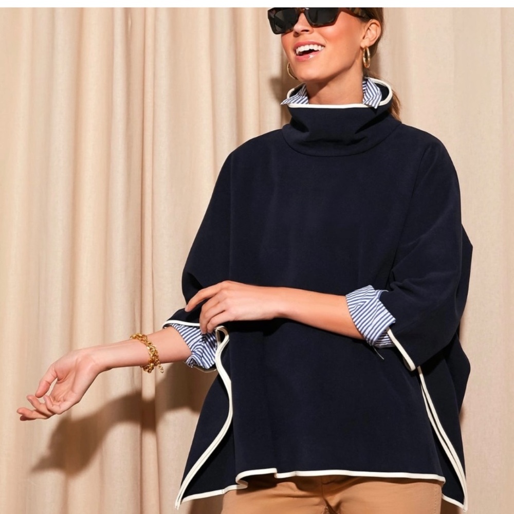 TUCKERNUCK
Navy Leather Trim Funnel Neck Piper Poncho